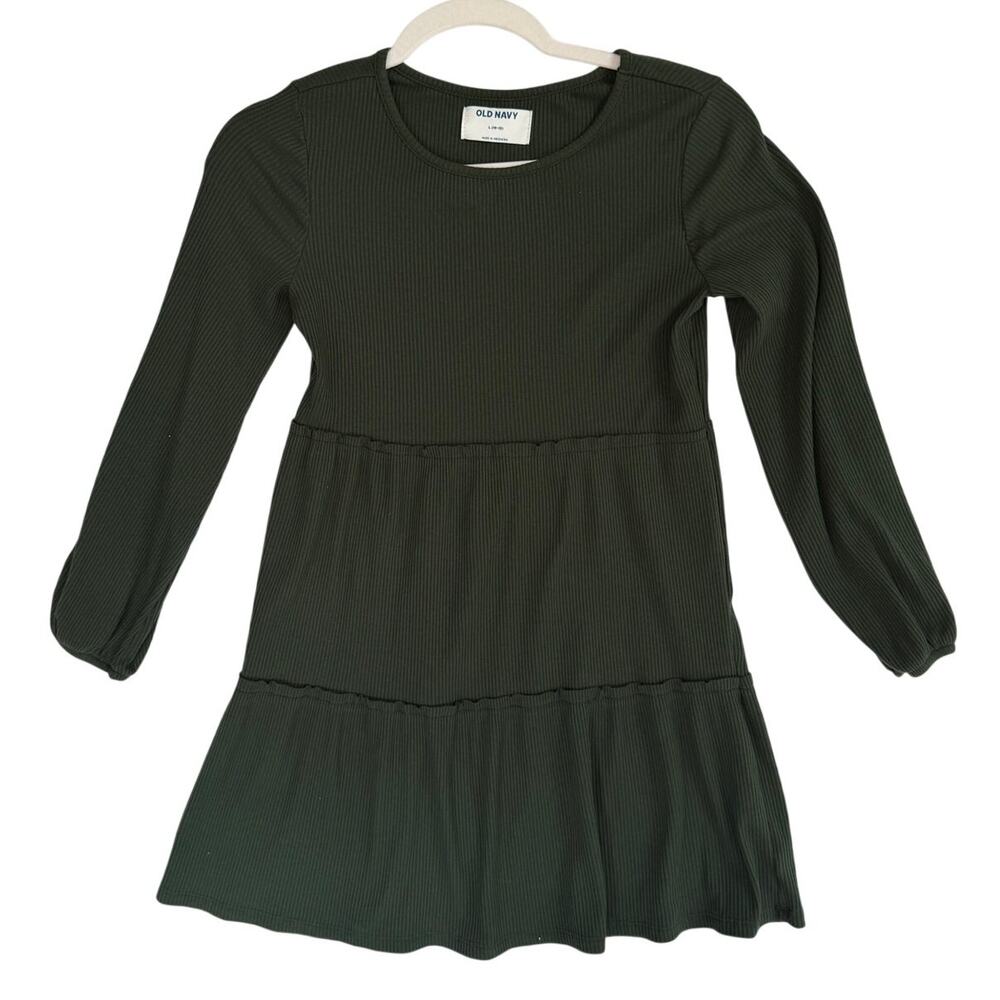 Old Navy Girls Olive Green Rib-Knit Tiered Long Sleeve Dress Size L (10/12)